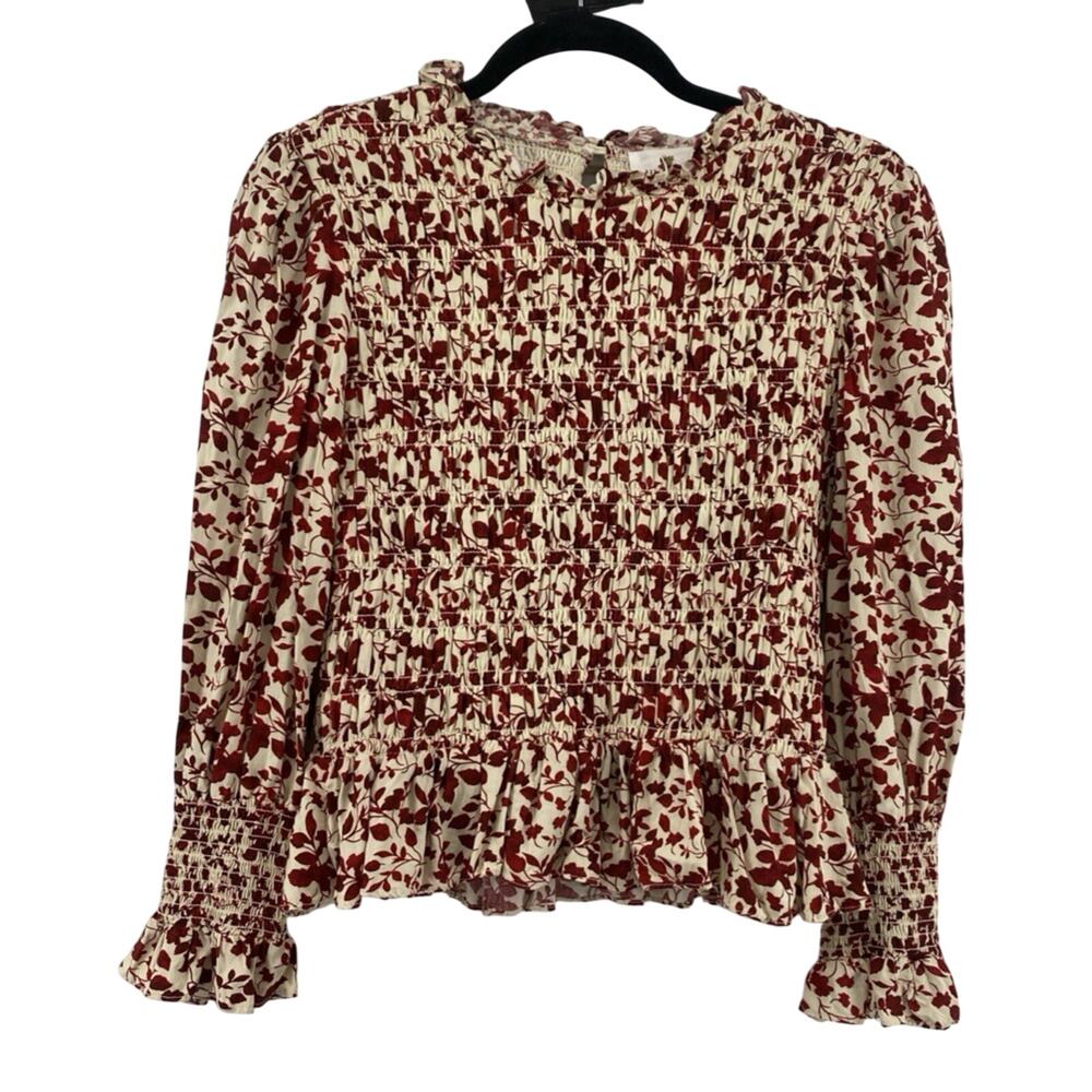 Hyacinth House Red Ivory Floral Smocked High Neck Ruffle Tie Peplum Blouse Small